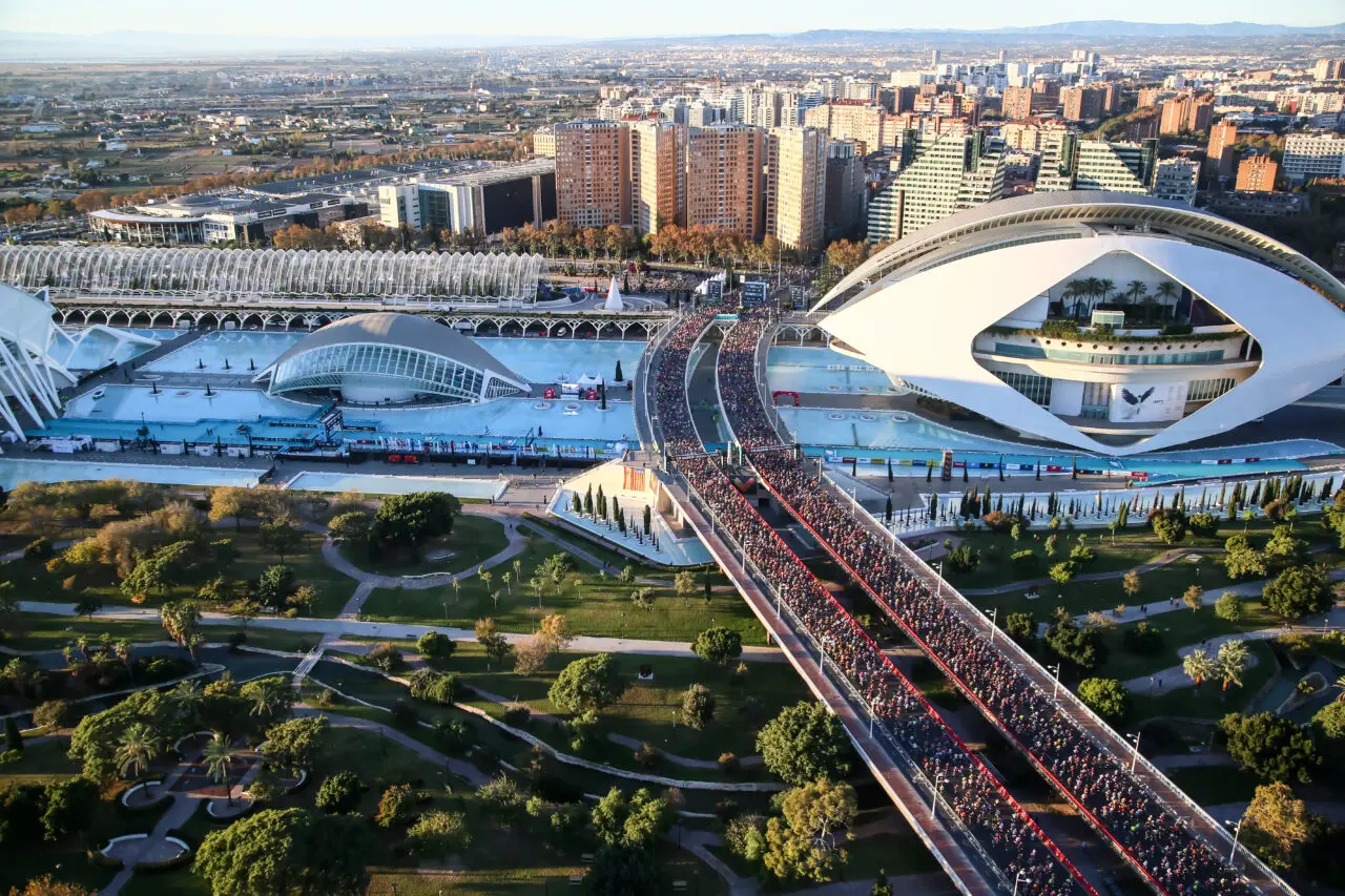 Birds eye view of Valencia as the Valencia Marathon passes through