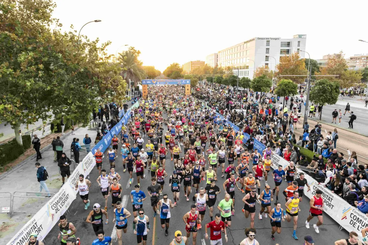 Runners pounding along the streets of Valencia during the Valencia Marathon